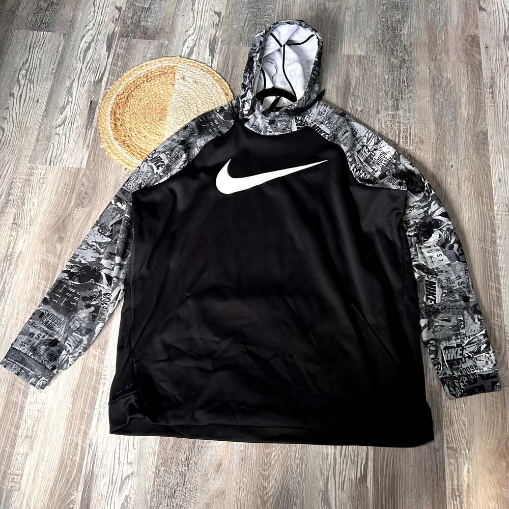 NIKE Drifit Hoodie Mens 3XLT Black Gray Graphic Print Swoosh Pullover Sweatshirt